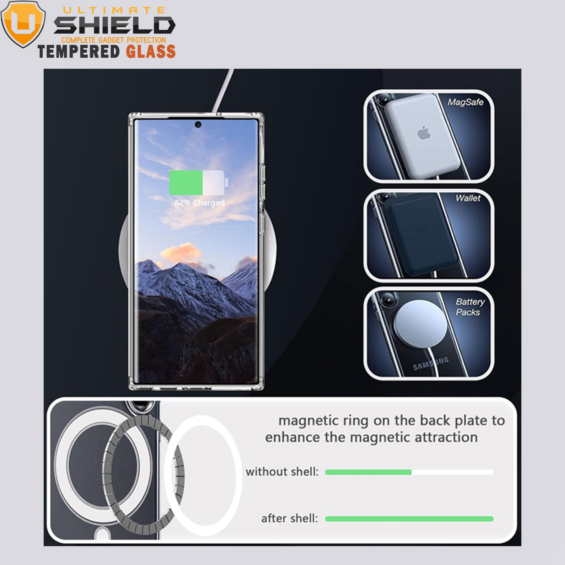 کاور آلتیمیت شیلد مدل Magsafe Ring مناسب برای گوشی موبایل سامسونگ Galaxy S24 Ultra به همراه محافظ لنز