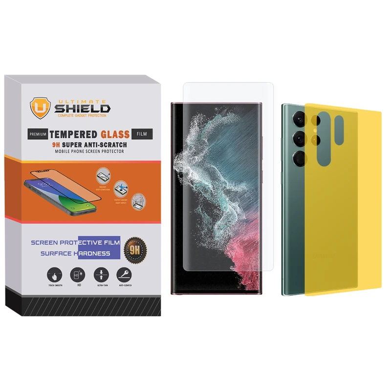 برچسب پوششی آلتیمیت شیلد مدل UV-UL مناسب برای گوشی موبایل سامسونگ Galaxy S22 Ultra به همراه محافظ صفحه نمایش