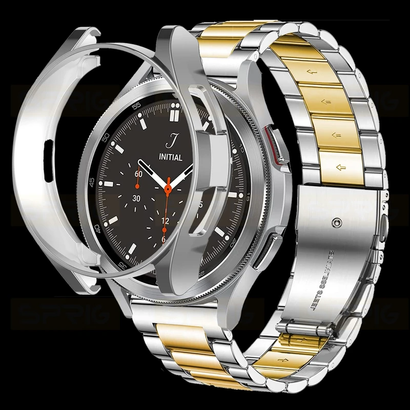 بند اسپریگ مدل 3Bead SLV-GLD مناسب برای ساعت هوشمند سامسونگ Galaxy Watch 6 classic 47mm به همراه کاور