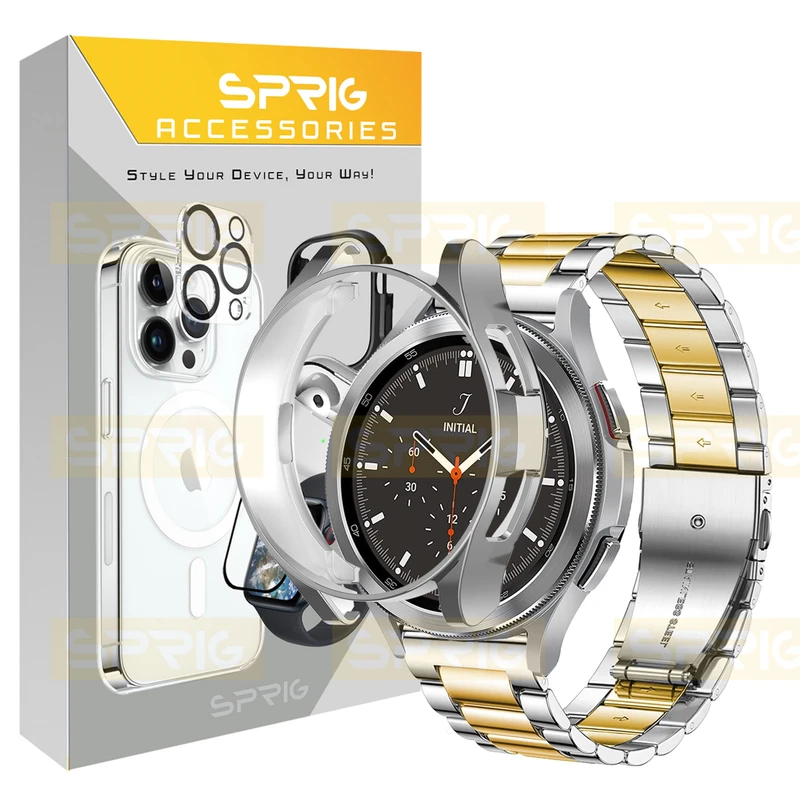 بند اسپریگ مدل 3Bead SLV-GLD مناسب برای ساعت هوشمند سامسونگ Galaxy Watch 6 classic 47mm به همراه کاور