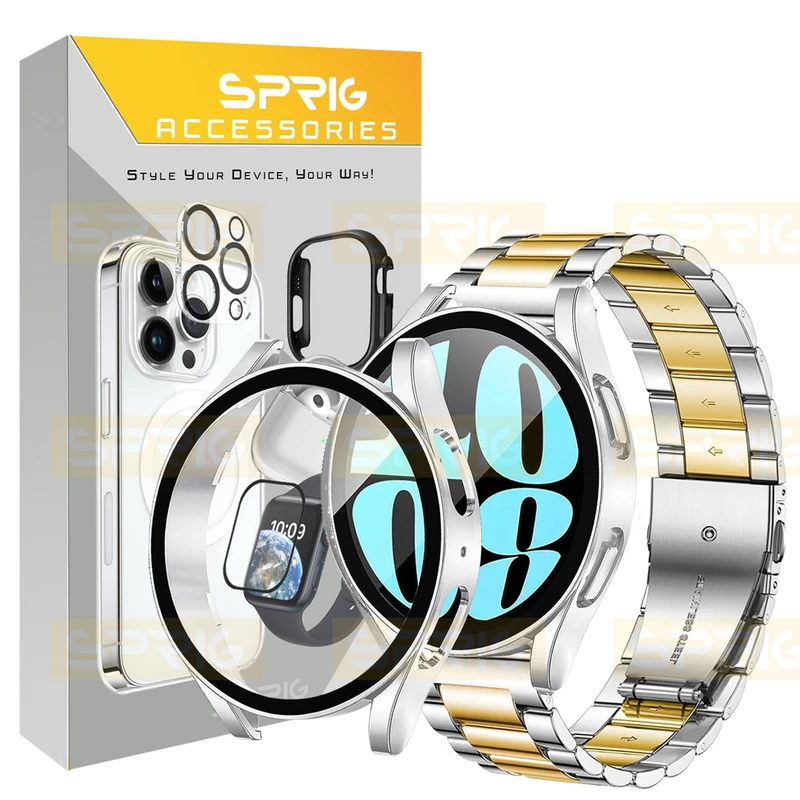 بند اسپریگ مدل 3Bead SLV-GLD مناسب برای ساعت هوشمند سامسونگ Galaxy Watch 6 44mm به همراه کاور