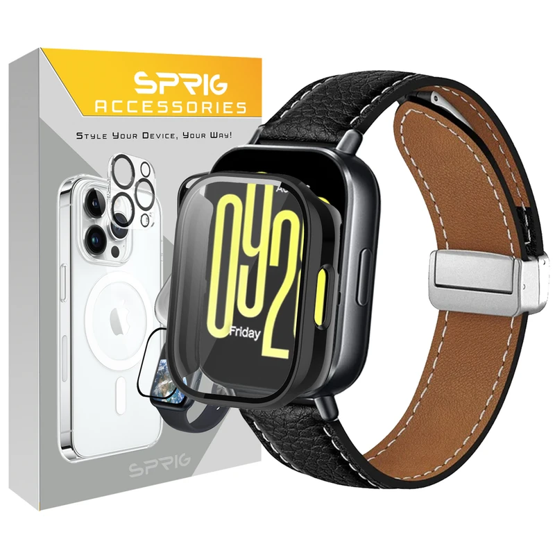 بند اسپریگ مدل Leather Mag Guard مناسب برای ساعت هوشمند شیائومی Redmi Watch 5 Active به همراه کاور
