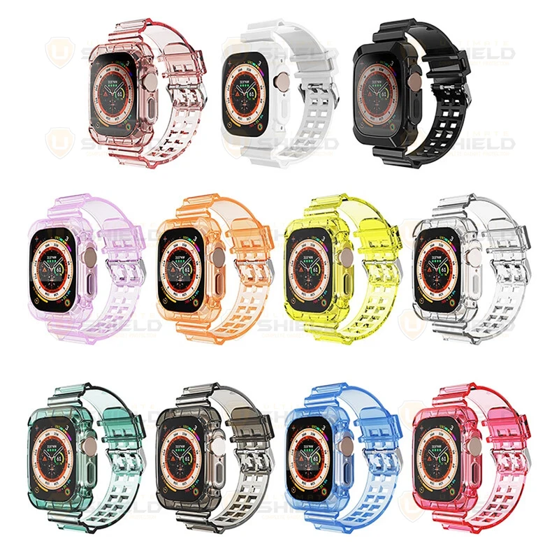 بند آلتیمیت شیلد مدل Transparent Shock مناسب برای اپل واچ 49 mm سری Ultra 2 به همراه کاور
