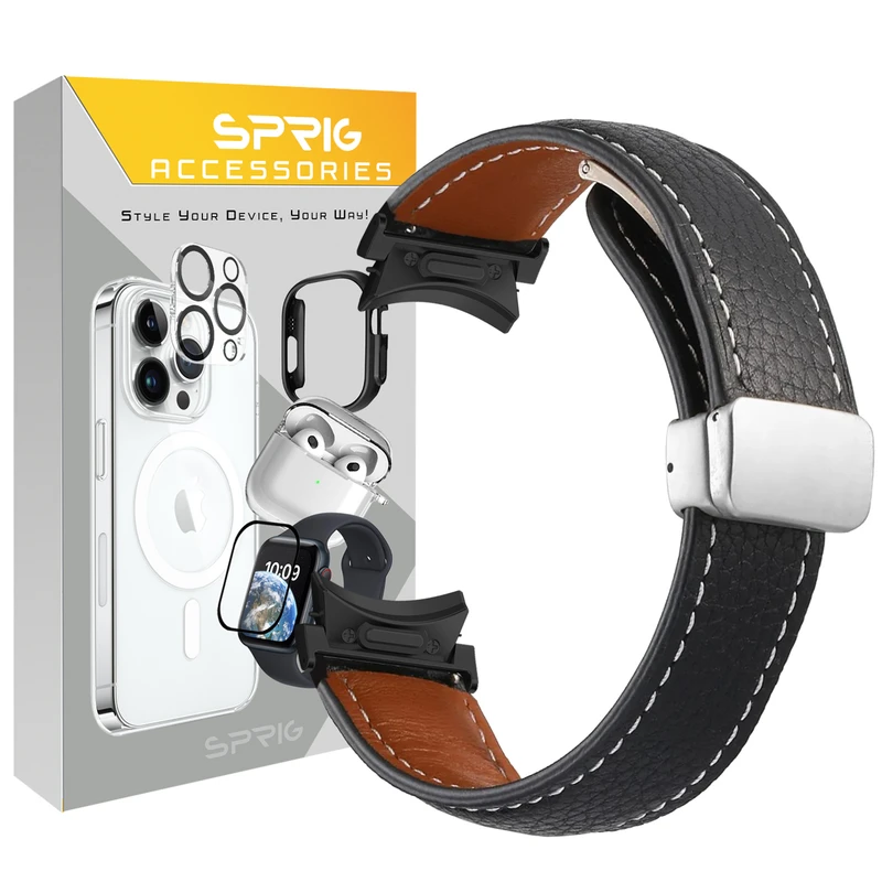 بند اسپریگ مدل Leather Mag-BK ORG مناسب برای ساعت هوشمند سامسونگ Galaxy Watch 4 40mm/4 44mm/5 40mm/5 44mm/6 40mm/6 44mm/7 40mm/7 44mm