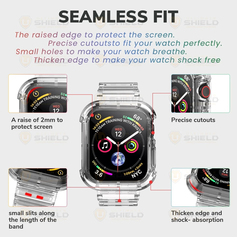 بند آلتیمیت شیلد مدل Transparent Shock مناسب برای اپل واچ 41 mm سری 9 به همراه کاور