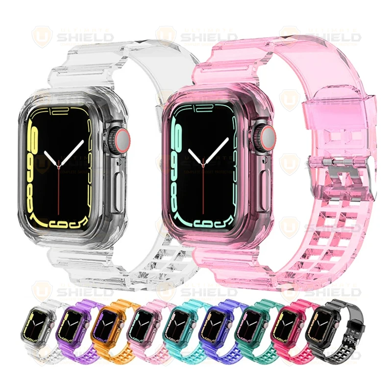 بند آلتیمیت شیلد مدل Transparent Shock مناسب برای اپل واچ 41 mm سری 7/8/9 به همراه کاور
