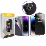 کاور اسپریگ مدل Clear مناسب برای گوشی موبایل اپل iPhone 14 Pro max به همراه محافظ صفحه نمایش و محافظ لنز دوربین